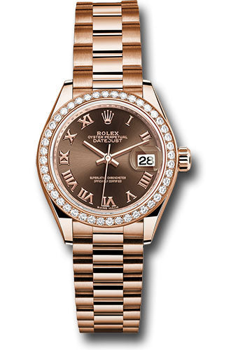 Rolex Everose Gold Datejust - 28 MM - President Bracelet - 44 Diamond Bezel - Chocolate Roman Dial - 279135RBR chorp