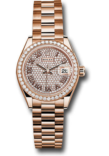 Rolex Everose Gold Datejust - 28 MM - President Bracelet - 44 Diamond Bezel - Sundust Roman Dial - 279135RBR dprp