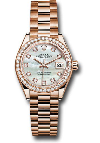 Rolex Everose Gold Datejust - 28 MM - President Bracelet - 44 Diamond Bezel - Mother-of-Pearl Diamond Dial -  279135RBR mdp