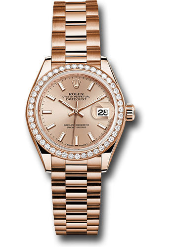 Rolex Everose Gold Datejust - 28 MM - President Bracelet - 44 Diamond Bezel - Pink Sundust Index Dial -  279135RBR pip