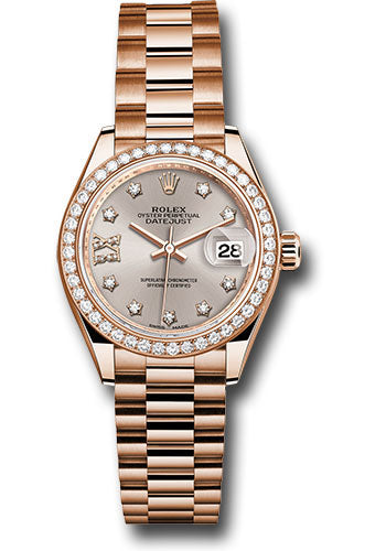 Rolex Everose Gold Datejust - 28 MM - President Bracelet - 44 Diamond Bezel - Silver Sundust Diamond Star Dial - 279135RBR s9dix8dp