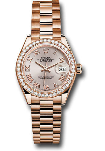 Rolex Everose Gold Datejust - 28 MM - President Bracelet - 44 Diamond Bezel - Sundust Roman Dial - 279135RBR srp