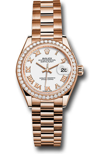 Rolex Everose Gold Datejust - 28 MM - President Bracelet - 44 Diamond Bezel - White Roman Dial - 279135RBR wrp