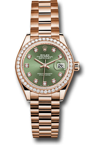 Rolex Everose Gold Datejust - 28 MM - President Bracelet - 44 Diamond Bezel - Olive Green Diamond 6 Dial -  279135rbr ogdp