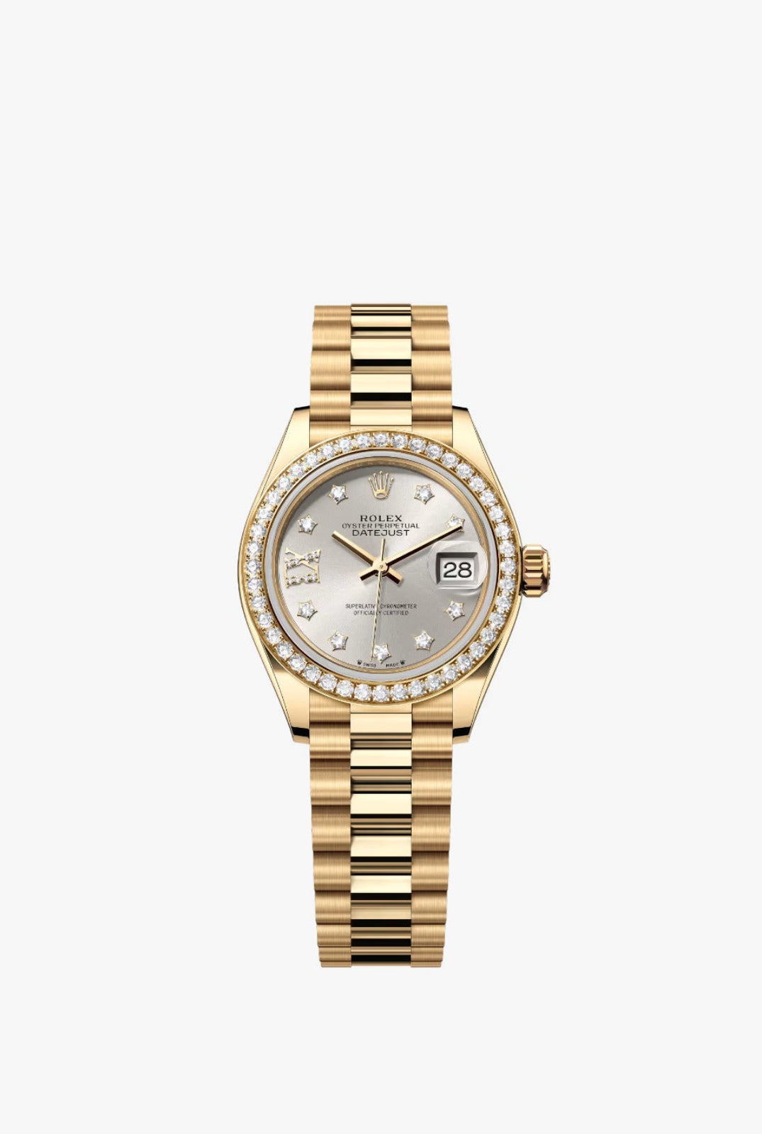 Rolex Yellow Gold Lady-Datejust - 28 MM - President Bracelet - Diamond Bezel - Silver Star Diamond Roman 9 Dial - 279138RBR-0001