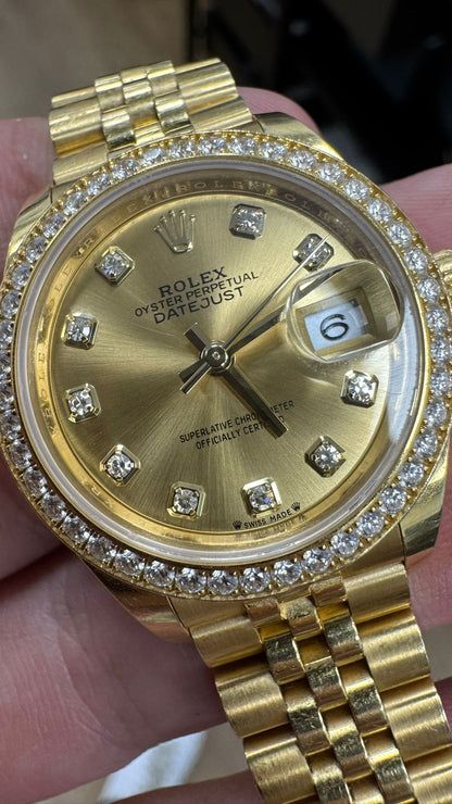 Rolex Lady-Datejust Yellow Gold- 28 MM - President Bracelet - Diamond Bezel - Champagne Diamond Dial - 279138RBR-0023