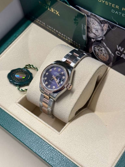 Rolex Lady-Datejust - 28 MM - Oystersteel and Rose Gold - Oyster Bracelet - Smooth Bezel - Purple Diamond Dial - 279161-0016