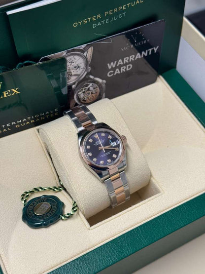 Rolex Lady-Datejust - 28 MM - Oystersteel and Rose Gold - Oyster Bracelet - Smooth Bezel - Purple Diamond Dial - 279161-0016