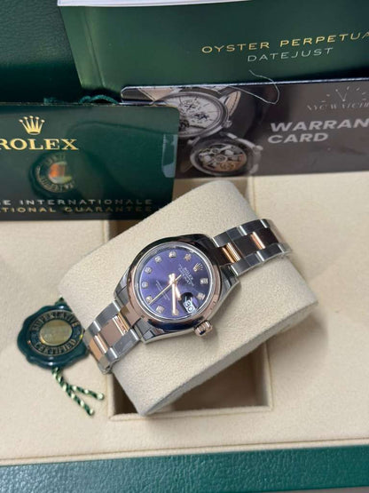 Rolex Lady-Datejust - 28 MM - Oystersteel and Rose Gold - Oyster Bracelet - Smooth Bezel - Purple Diamond Dial - 279161-0016