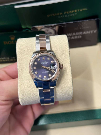Rolex Lady-Datejust - 28 MM - Oystersteel and Rose Gold - Oyster Bracelet - Smooth Bezel - Purple Diamond Dial - 279161-0016