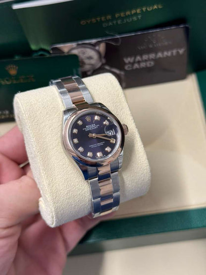 Rolex Lady-Datejust - 28 MM - Oystersteel and Rose Gold - Oyster Bracelet - Smooth Bezel - Purple Diamond Dial - 279161-0016