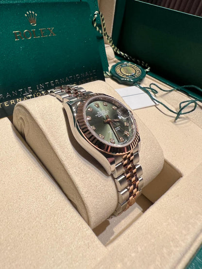 Rolex Lady-Datejust - 28 MM - Oystersteel and Rose Gold - Jubilee Bracelet - Fluted Bezel - Green Diamond Dial - 279171-0007
