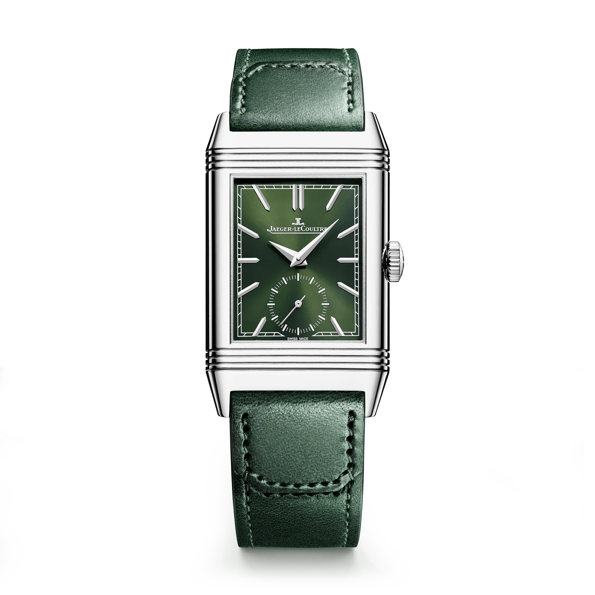 JLC - Reverso Tribute Monoface Small Seconds - 45.6 MM x 27.4 MM - Stainless Steel - Green Dial - Green Leather Strap - Q397843J