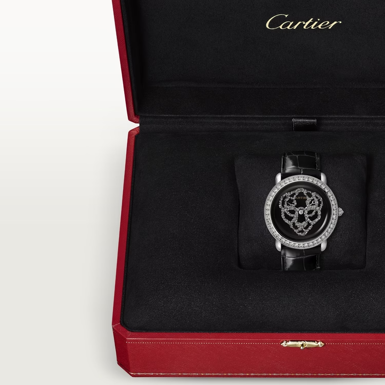 Cartier Révélation d'une Panthère White Gold 37 MM - Black Alligator Leather Strap - Diamond Bezel - Black Lacquer Dial - HPI01430