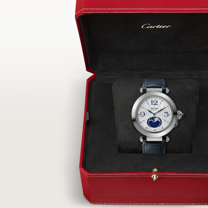 Cartier Pasha de Cartier Steel 41 MM - Blue Alligator Leather Strap -  Second Strap in Gray Alligator Leather - Silver Flinqué Dial - WSPA0030