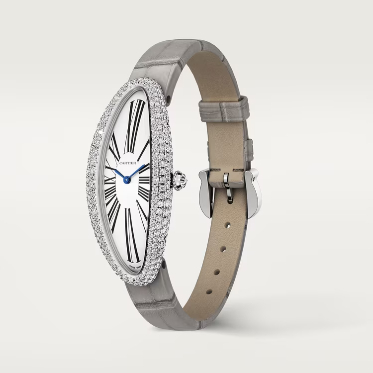 Cartier Baignoire Allongée White Gold 47 MM - Light Gray Alligator Strap - Diamond Bezel - Silver Dial - WJBA0007