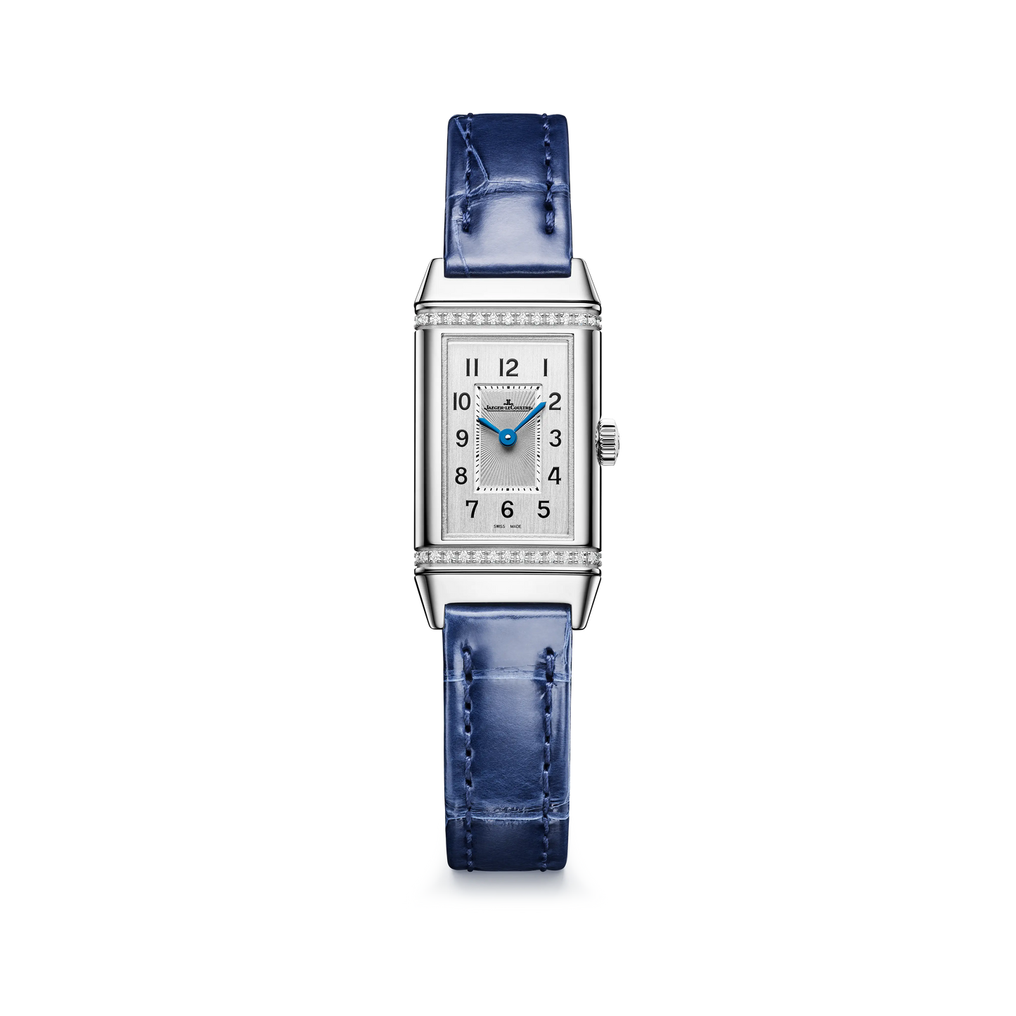 JLC - Reverso Classic Monoface Origin - 32.5 MM x 16.3 MM - Stainless Steel - Silvered-Gray Guilloché Dial - Diamond-Set Case - Blue Leather Strap - Q3878560
