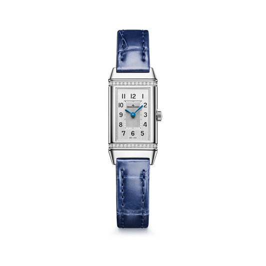 JLC - Reverso Classic Monoface Origin - 32.5 MM x 16.3 MM - Stainless Steel - Silvered-Gray Guilloché Dial - Diamond-Set Case - Blue Leather Strap - Q3878560