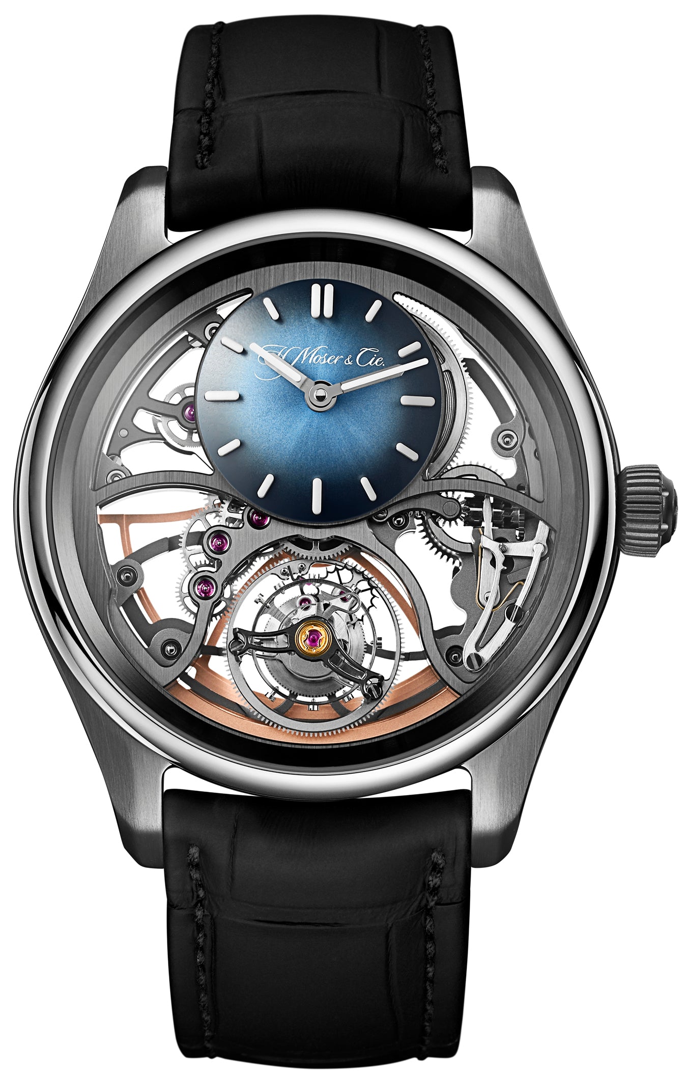 H. Moser & Cie Pioneer Cylindrical Tourbillon Skeleton - Stainless Steel - 42.8 MM - Alligator Leather Strap - Skeleton Dial - 3811-1200