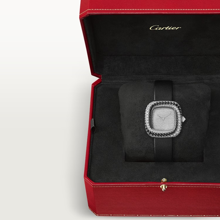 Cartier Coussin de Cartier White Gold 30.4 MM - Black Calfskin Strap - Diamond Bezel - White Gold Diamond Dial - WJCS0007