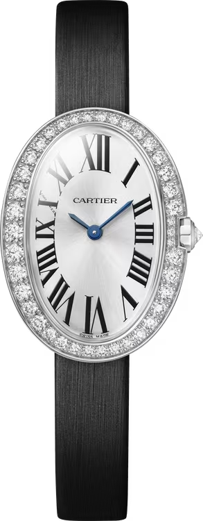 Cartier Baignoire White Gold 31.6 MM - Black Brushed Calfskin Leather Strap - Diamond Bezel - Silvered Dial - WJBA0029