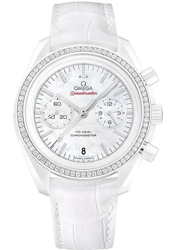 Omega Speedmaster White Ceramic 44.25 MM - White Leather Strap - Diamond Bezel - White Mother -Of- Pearl Dial - 311.98.44.51.55.001 nyc watcher nyc watches