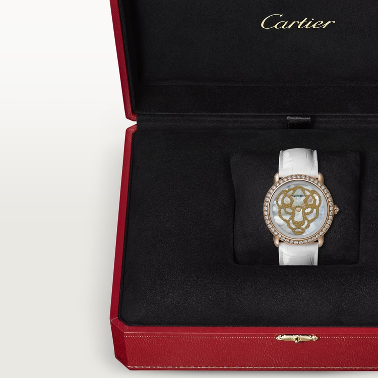 Cartier Révélation d'une Panthère Rose gold 37 MM - White Alligator Leather Strap - Diamond Bezel - White Mother-of-Pearl Dial - HPI01355