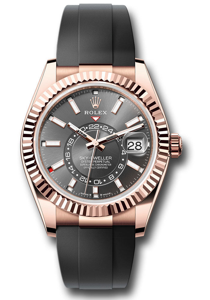 Rolex Everose Gold Sky Dweller Watch - 42 MM - Oysterflex Strap - Fluted Ring Command Bezel - Slate Index Dial -  336235 sliof