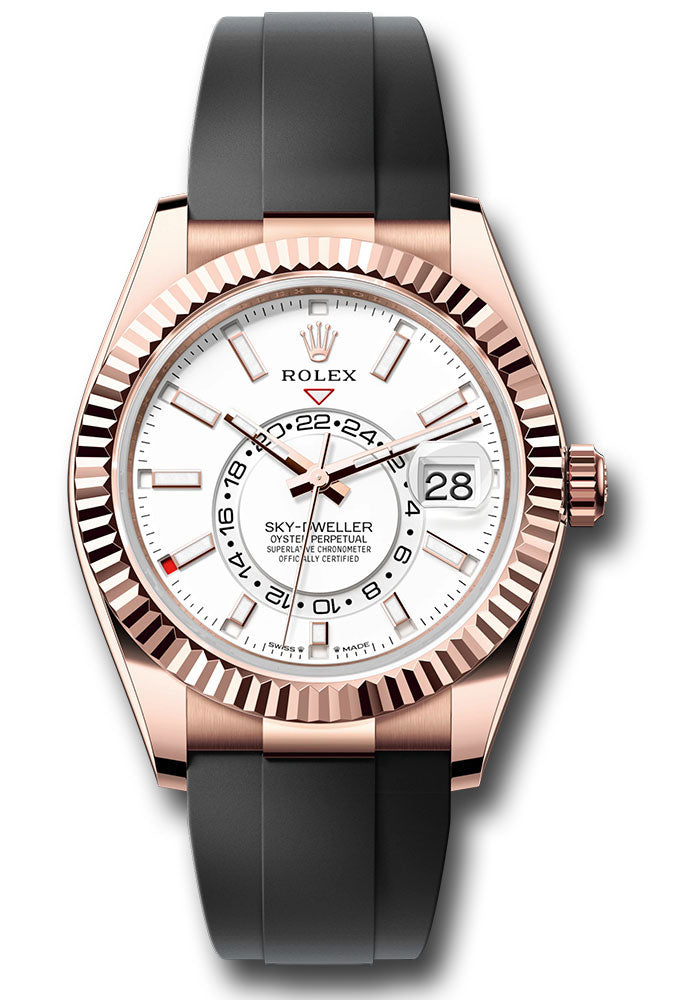 Rolex Everose Gold Sky Dweller Watch - 42 MM - Oysterflex Strap - Fluted Ring Command Bezel - White Index Dial - 336235 wiof