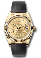 Rolex Yellow Gold Sky Dweller Watch - 42 MM - Oysterflex Strap - Fluted Ring Command Bezel - Champagne Index Dial - 336238-0001