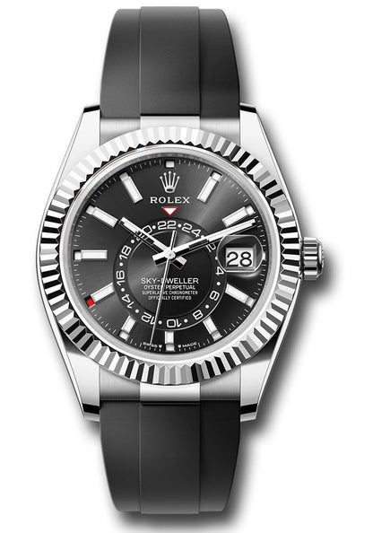 Rolex White Gold Sky-Dweller Watch - 42 MM - Fluted Ring Command Bezel - Black Index Dial - Oysterflex Strap - 336239-0002