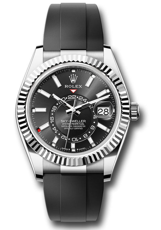 Rolex White Gold Sky-Dweller Watch - 42 MM - Fluted Ring Command Bezel - Black Index Dial - Oysterflex Strap - 336239