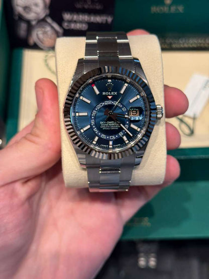 Rolex Stainless Steel and White Gold Sky Dweller Watch - 42 MM - Oyster Bracelet - Fluted Ring Command Bezel - Blue Index Dial - 336934-0005