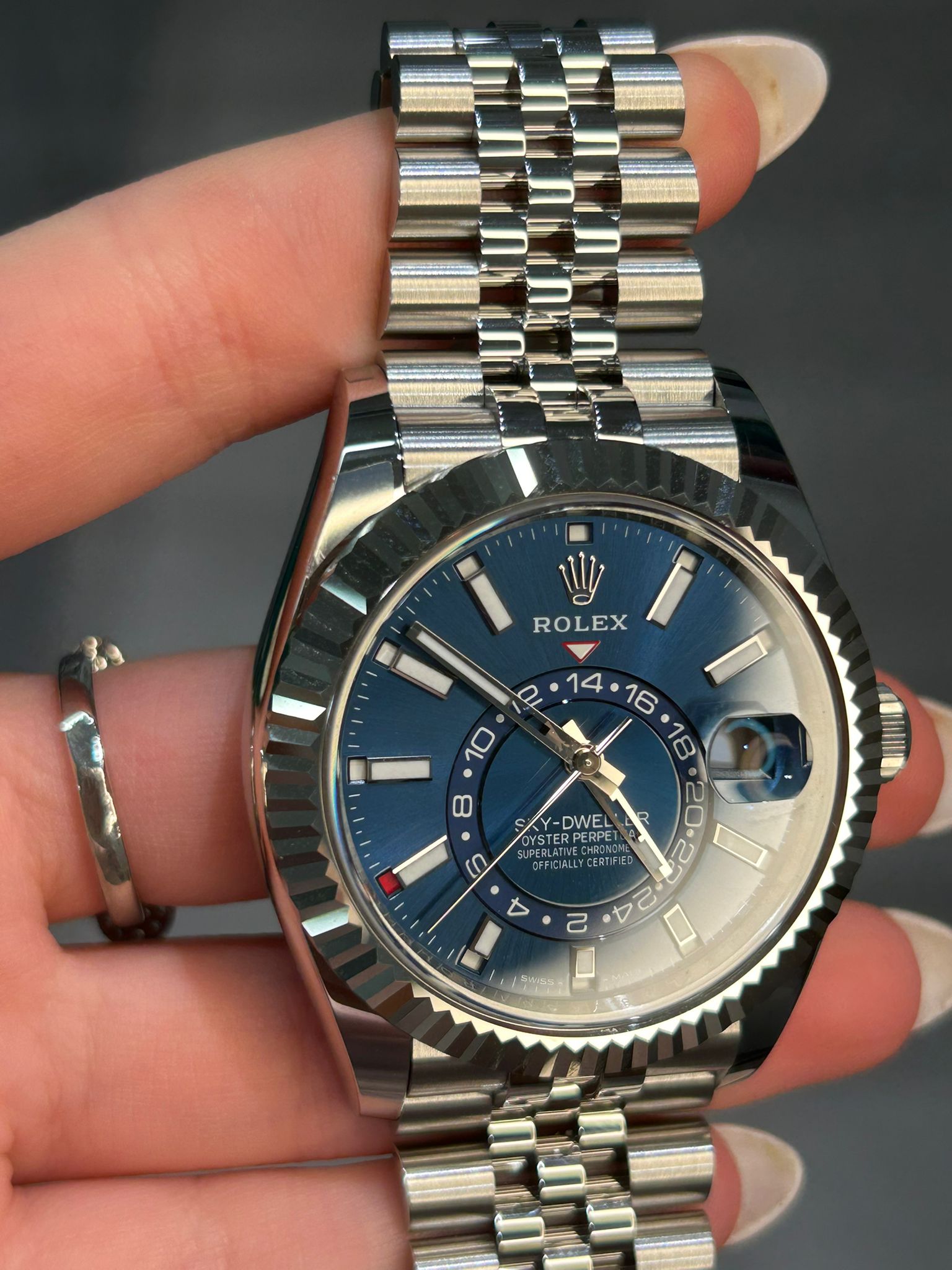 Rolex Stainless Steel and White Gold Sky Dweller Watch - 42 MM - Jubilee Bracelet - Fluted Ring Command Bezel - Blue Index Dial - 336934 blij