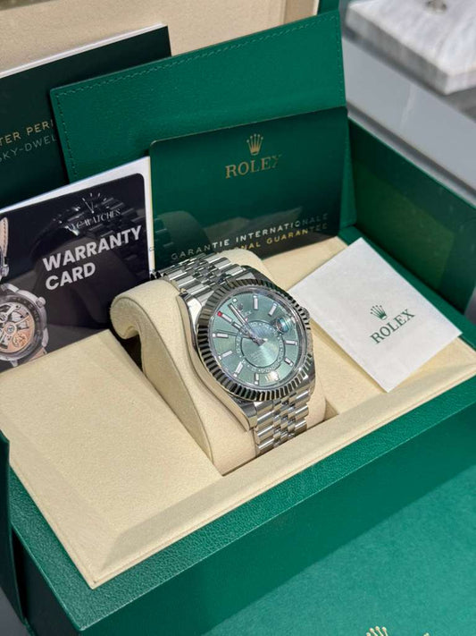 Rolex Stainless Steel and White Gold Sky Dweller Watch - 42 MM - Jubilee Bracelet - Fluted Bezel - Mint Green Index Dial - 336934 mgij