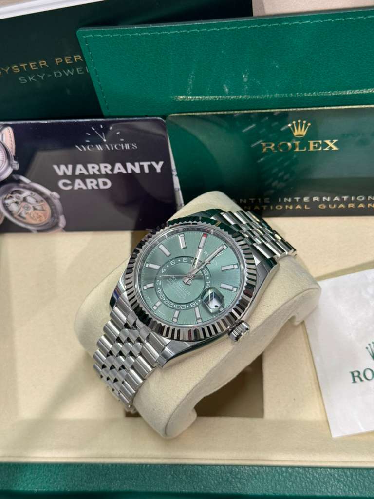 Rolex Stainless Steel and White Gold Sky Dweller Watch - 42 MM - Jubilee Bracelet - Fluted Bezel - Mint Green Index Dial - 336934 mgij