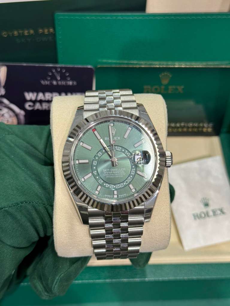 Rolex Stainless Steel and White Gold Sky Dweller Watch - 42 MM - Jubilee Bracelet - Fluted Bezel - Mint Green Index Dial - 336934 mgij