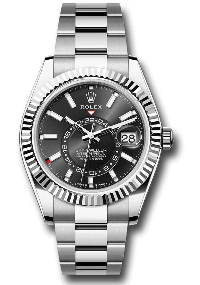 Rolex Stainless Steel and White Gold Sky Dweller Watch - 42 MM - Oyster Bracelet - Fluted Ring Command Bezel - Black Index Dial - 336934 bkio