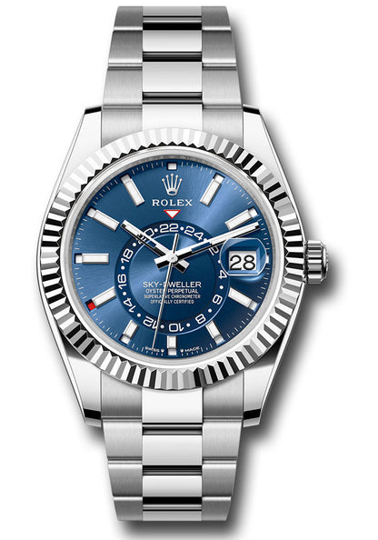 Rolex Stainless Steel and White Gold Sky Dweller Watch - 42 MM - Oyster Bracelet - Fluted Ring Command Bezel - Blue Index Dial - 336934-0005