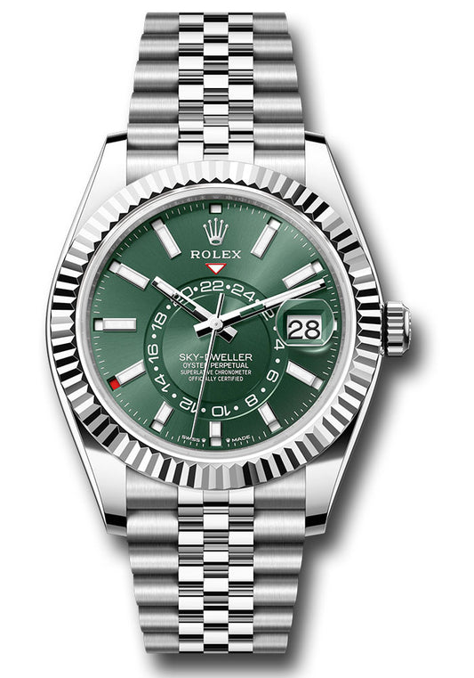 Rolex Stainless Steel and White Gold Sky Dweller Watch - 42 MM - Jubilee Bracelet - Fluted Bezel - Mint Green Index Dial - 336934 mgij