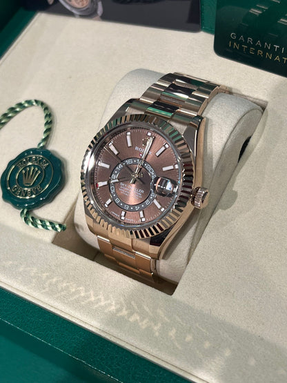 Rolex Everose Gold Sky Dweller Watch - 42 MM - Oyster Bracelet - Fluted Ring Command Bezel - Chocolate Index Dial - 336935-0002