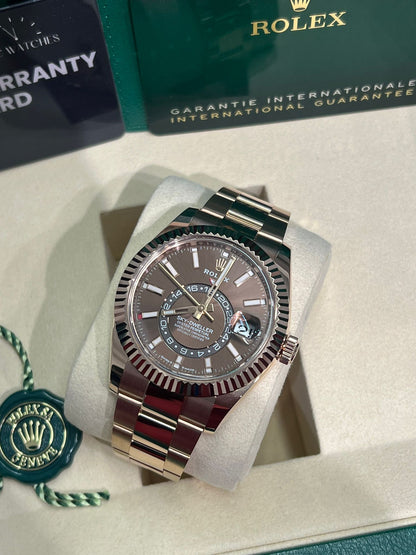 Rolex Everose Gold Sky Dweller Watch - 42 MM - Oyster Bracelet - Fluted Ring Command Bezel - Chocolate Index Dial - 336935-0002