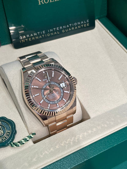 Rolex Everose Gold Sky Dweller Watch - 42 MM - Oyster Bracelet - Fluted Ring Command Bezel - Chocolate Index Dial - 336935-0002