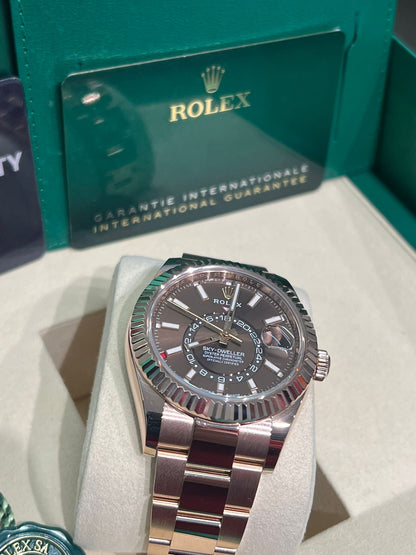 Rolex Everose Gold Sky Dweller Watch - 42 MM - Oyster Bracelet - Fluted Ring Command Bezel - Chocolate Index Dial - 336935-0002