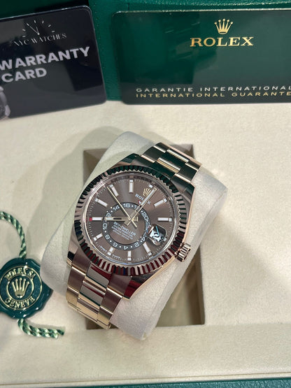 Rolex Everose Gold Sky Dweller Watch - 42 MM - Oyster Bracelet - Fluted Ring Command Bezel - Chocolate Index Dial - 336935-0002