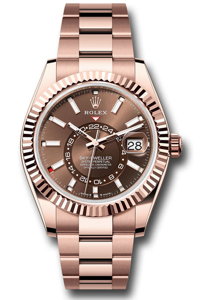 Rolex Everose Gold Sky Dweller Watch - 42 MM - Oyster Bracelet - Fluted Ring Command Bezel - Chocolate Index Dial - 336935-0002