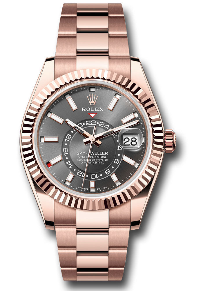 Rolex Everose Gold Sky Dweller Watch - 42 MM - Oyster Bracelet - Fluted Ring Command Bezel - Slate Index Dial - 336935 slio