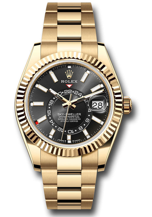 Rolex Yellow Gold Sky Dweller Watch - 42 MM - Oyster Bracelet - Fluted Ring Command Bezel - Black Index Dial - 336938 bkio