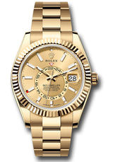Rolex Yellow Gold Sky Dweller Watch - 42 MM - Oyster Bracelet - Fluted Ring Command Bezel - Champagne Index Dial - 336938-0001