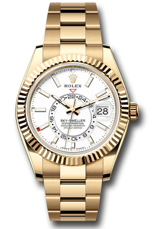 Rolex Yellow Gold Sky Dweller Watch - 42 MM - Oyster Bracelet - Fluted Ring Command Bezel - White Index Dial - 336938 wio